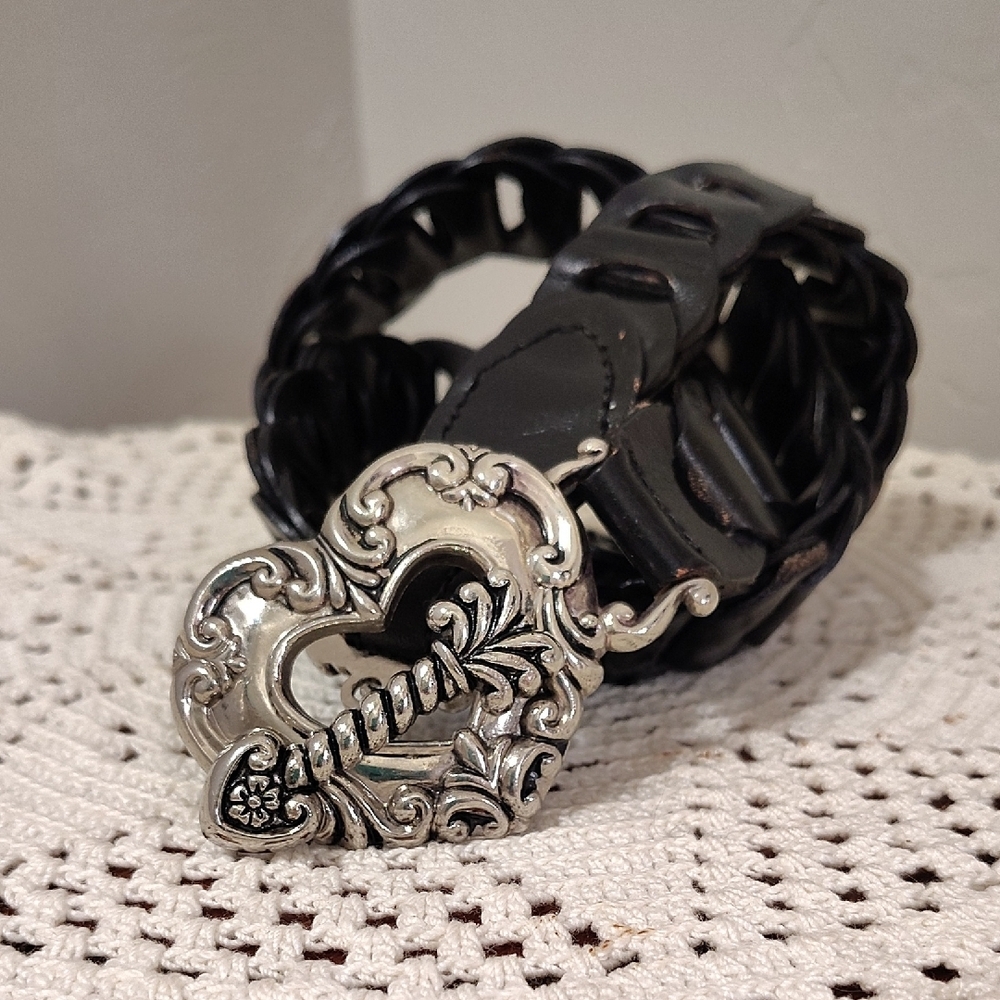 Black Leather Belt Heart Arrow  Silver-tone Buckle Adjustable